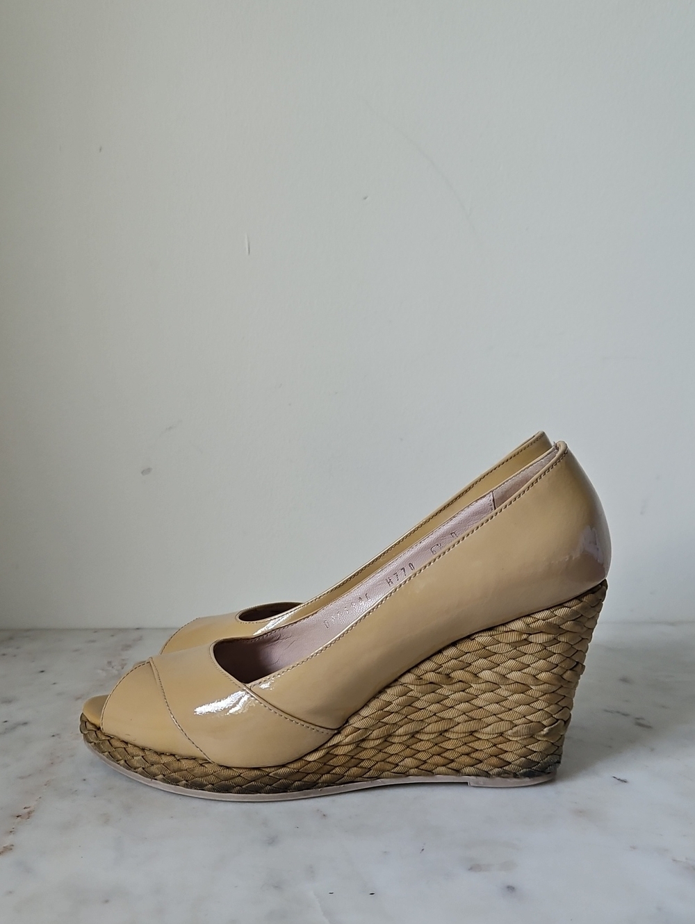 SALVATORE FERRAGAMO: Beige Patent Leather Peep-Toe Wedge Heels